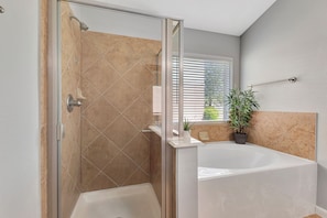 Shower, jetted tub, hair dryer, towels