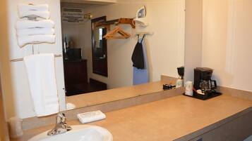 Hair dryer, towels, soap, toilet paper