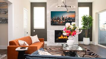 Smart TV, fireplace, books, offices