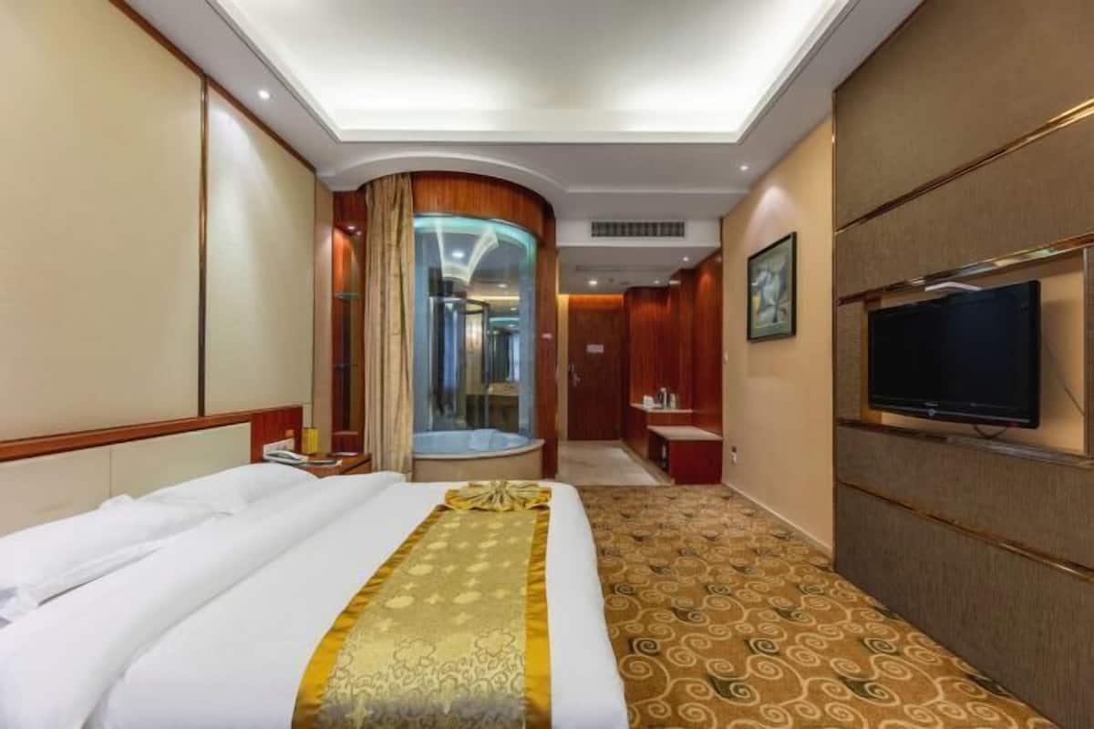 Una habitación de hotel con una cama, televisión, baño y espejo.