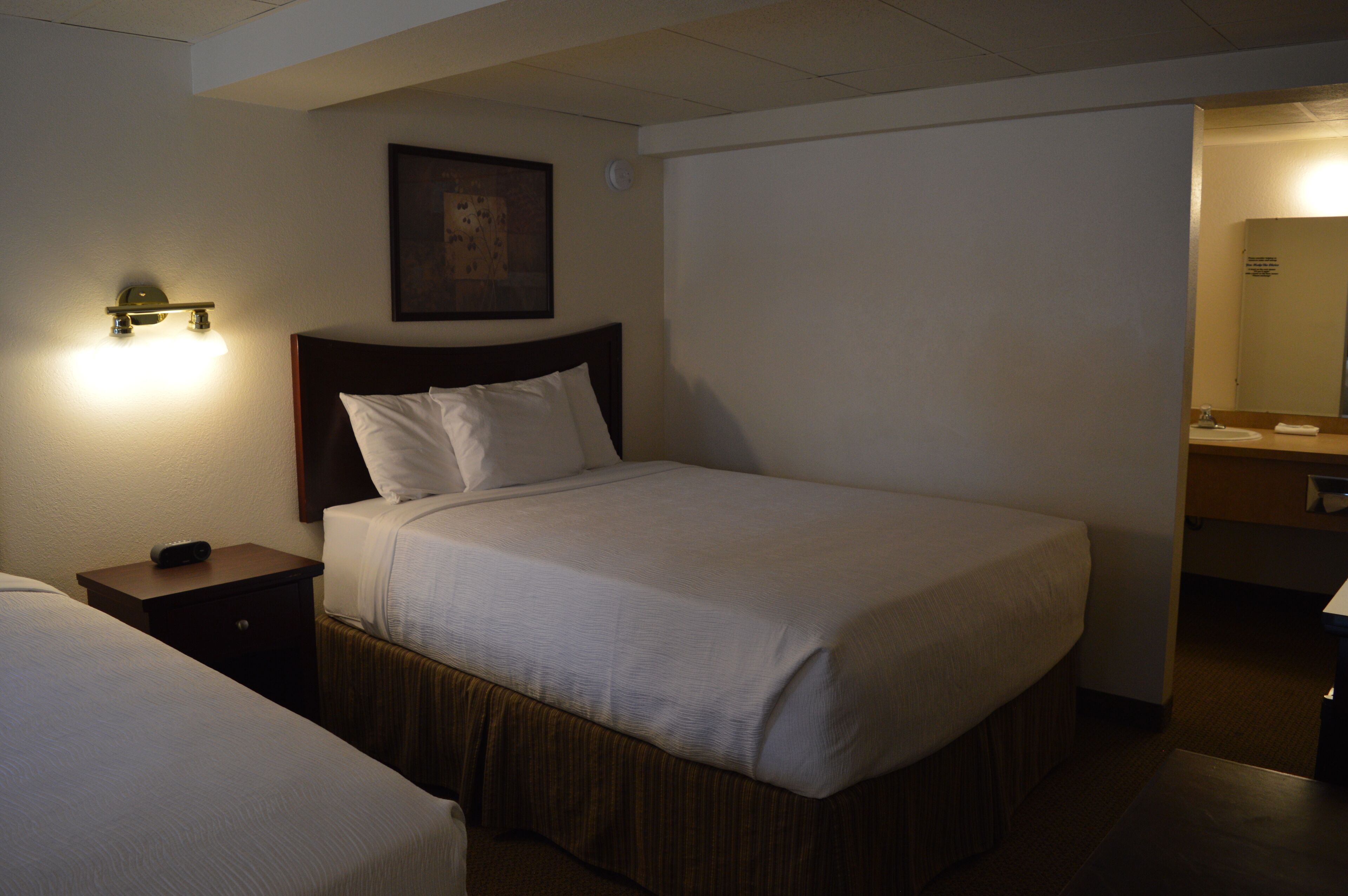 A hotel room with a single bed, a nightstand, a bedside table, a wall-mounted light, and a mirror.