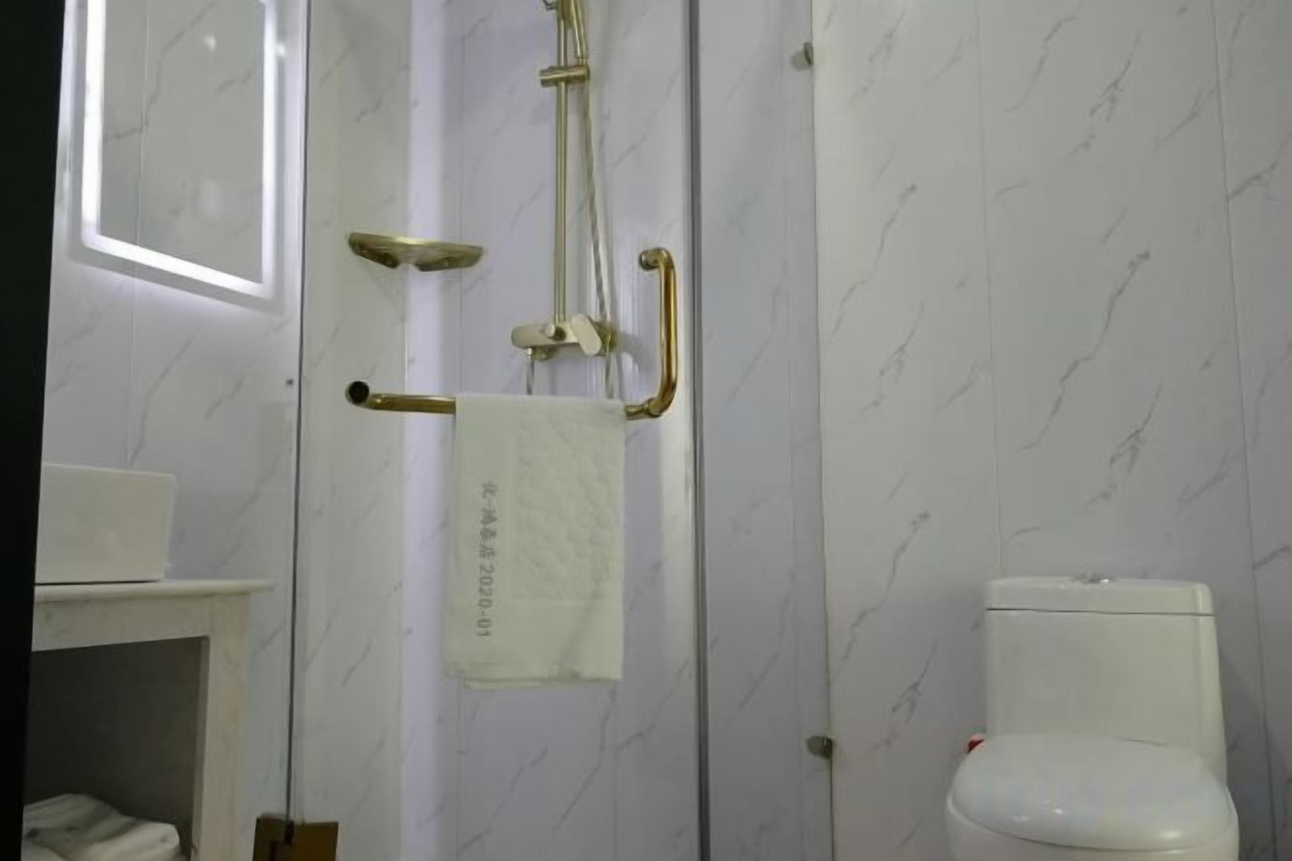 Ein Badezimmer mit einer weißen Toilette, einem Handtuchhalter mit einem weißen Handtuch sowie einer Duschkabine mit Glastür.