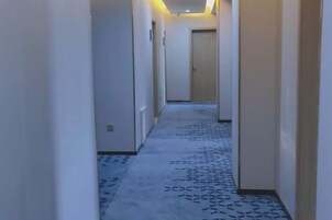 Un pasillo con alfombra estampada, puertas y un candelabro en el techo.