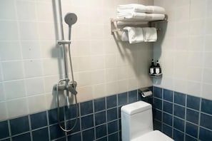 Une salle de bain équipée d’une douche, de toilettes et d’un porte-serviettes.