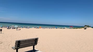 Beach nearby, sun loungers