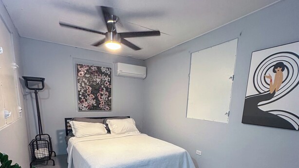 A bedroom with a bed, a ceiling fan, a potted plant, and a painting on the wall.