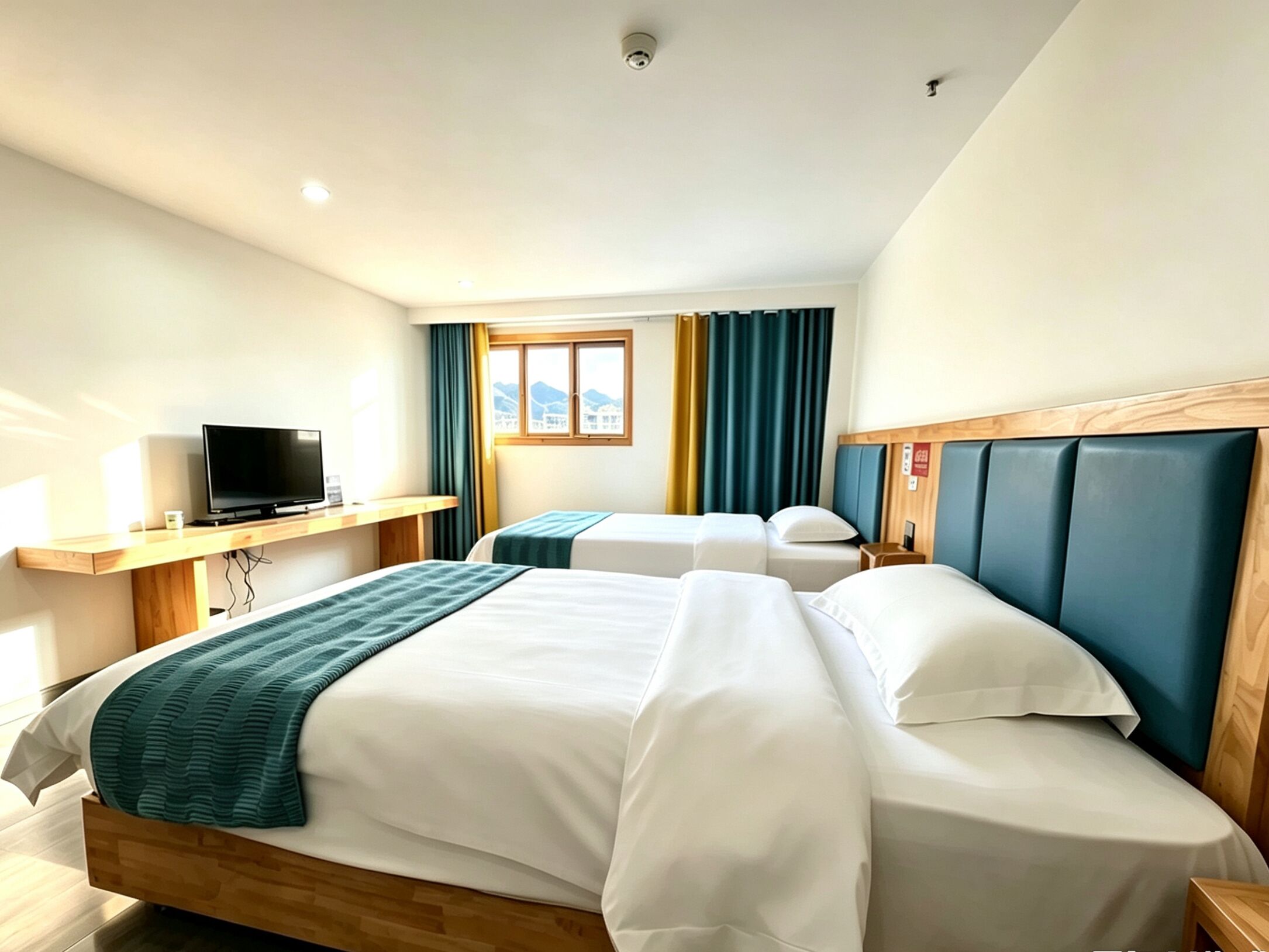 Habitación de hotel con dos camas, un televisor sobre un mueble, una ventana con cortinas y vistas a las montañas.