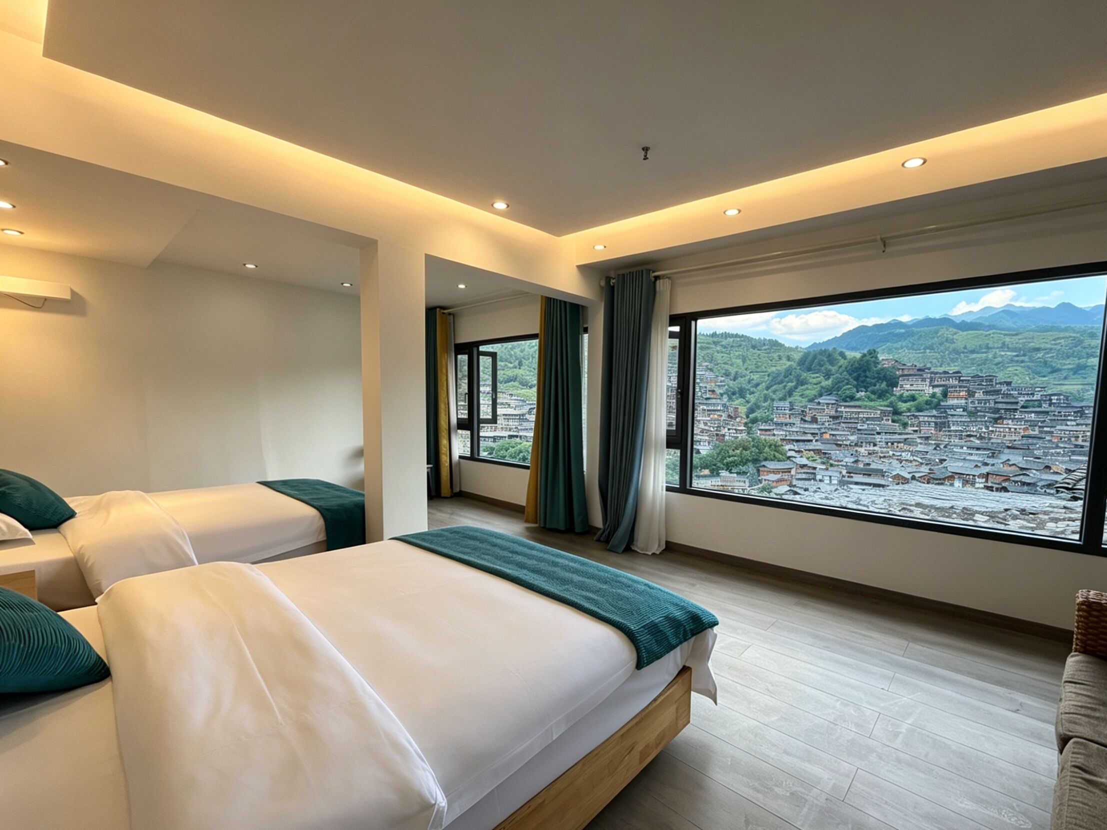 Una habitación de hotel moderna con dos camas, un ventanal grande con vistas a la ciudad y suelo de madera.