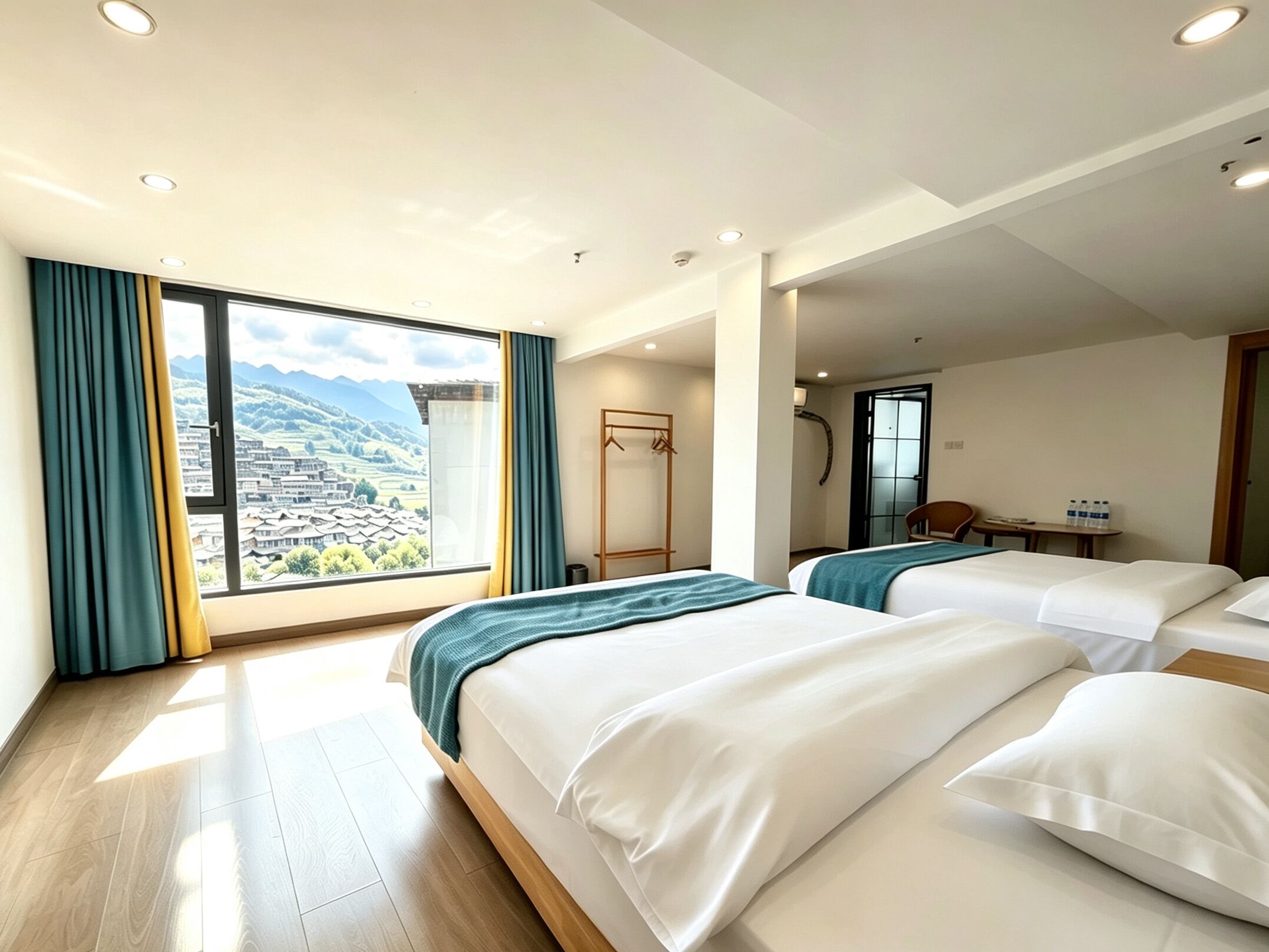 Ein Hotelzimmer mit zwei Betten, einem großen Fenster mit Vorhängen und Blick auf eine gebirgige Landschaft, sowie einem kleinen Tisch mit Stuhl.
