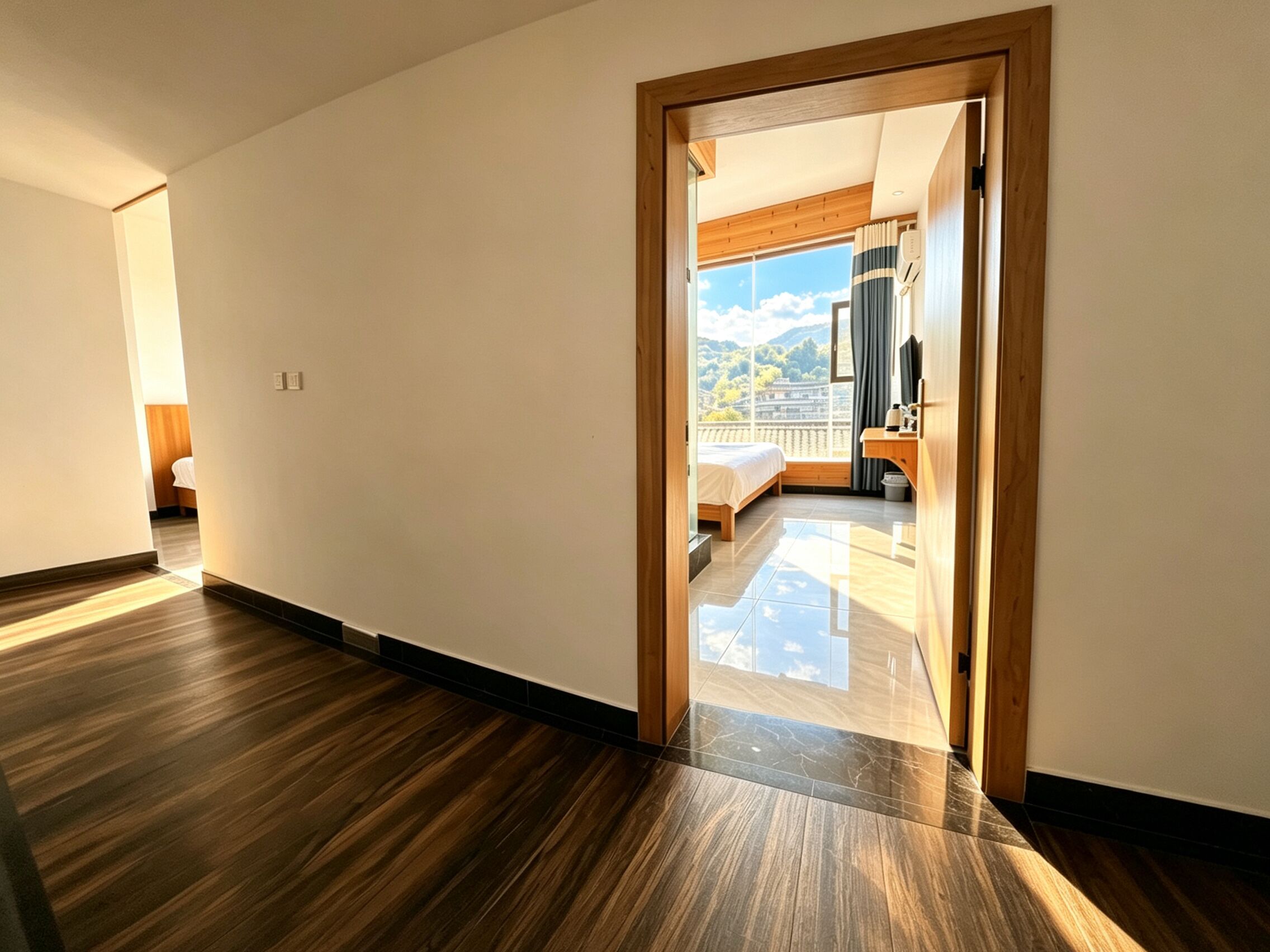 Quarto de hotel com piso de madeira, uma cama, uma janela com vista para o exterior e uma porta de madeira que dá para outro quarto.