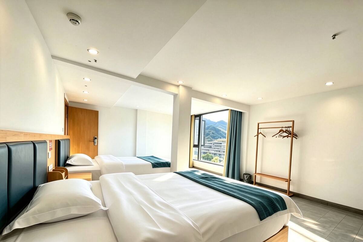 Blackout curtains, soundproofing, free WiFi, bed sheets