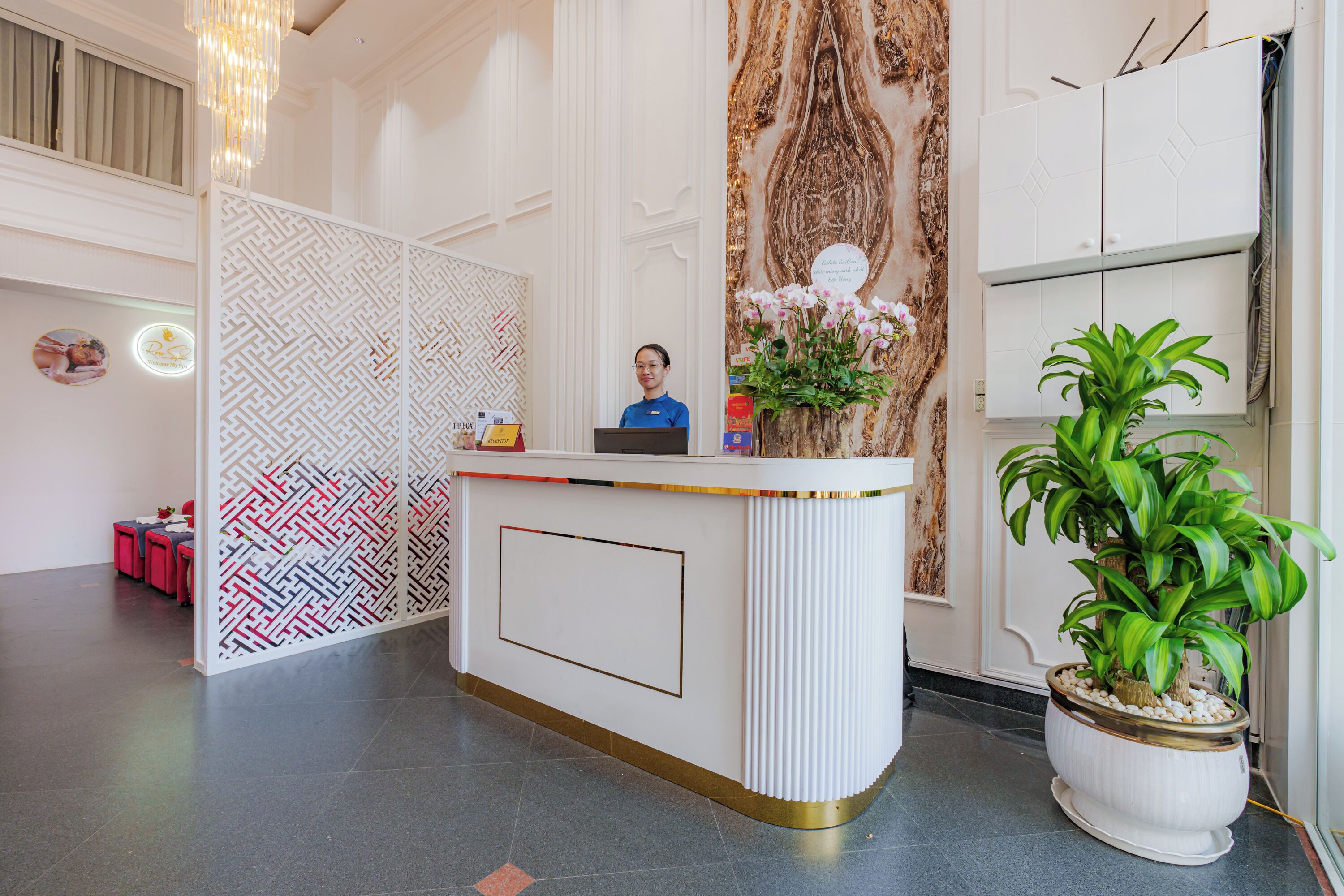 A reception desk with a receptionist, a decorative wall, a potted plant, and a seating area with red chairs.