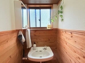 Hair dryer, towels, soap, toilet paper