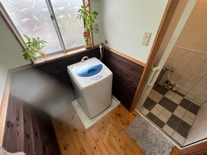 Hair dryer, towels, soap, toilet paper