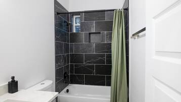 Hair dryer, towels, soap, shampoo
