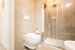 Shower, hair dryer, bidet, towels