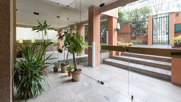 Un espacio interior moderno con plantas en macetas, un divisor de vidrio y una escalera que lleva a un área exterior.