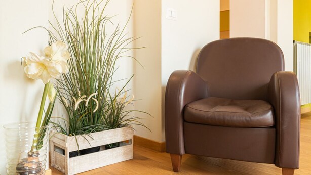 Een bruine leren fauteuil naast een houten plantenbak met groene planten en witte bloemen.