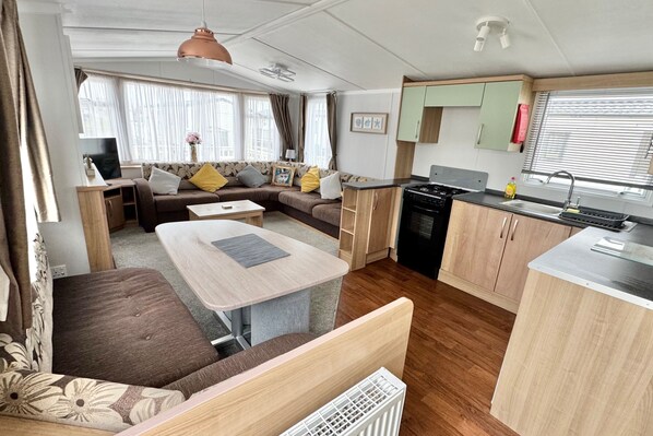 TV, fireplace - StaticHomeSleeps6-Lakeview-PetsOK-Balcony-Parking (Mablethorpe)