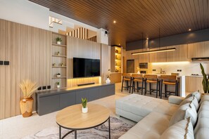 Deluxe Villa, 3 Bedrooms, Private Pool, Pool View | Living area | 55-inch Smart TV with digital channels, Netflix, streaming services