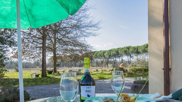 A table set outdoors with a bottle of wine, two glasses, a plate with food, and a green umbrella. - Lavanda by Interhome (Fucecchio)