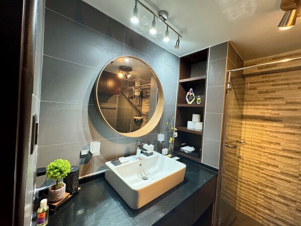 Shower, hair dryer, bidet, towels