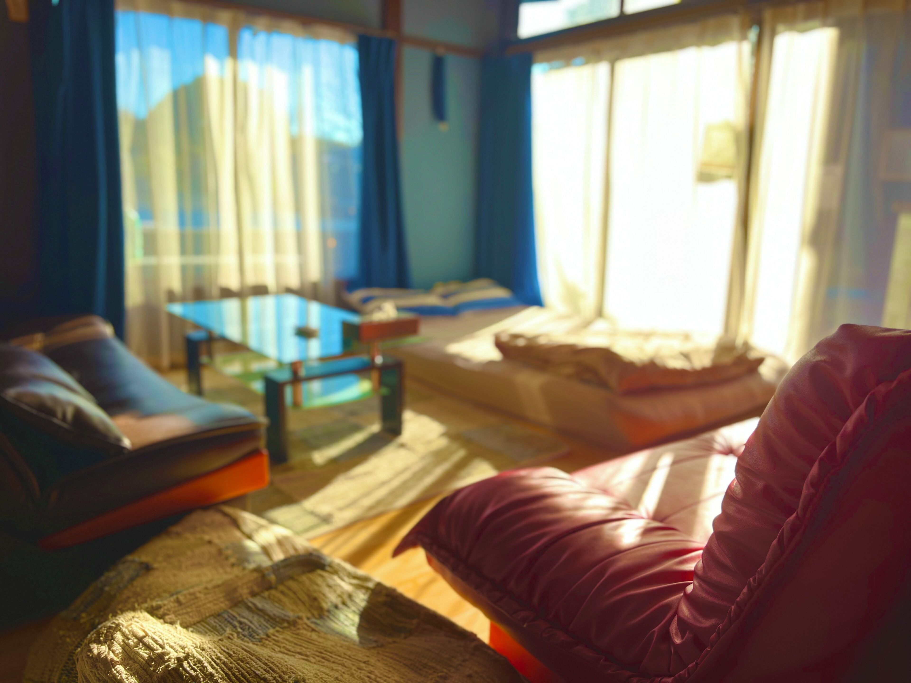 A room with a sofa, a table, and a bed.