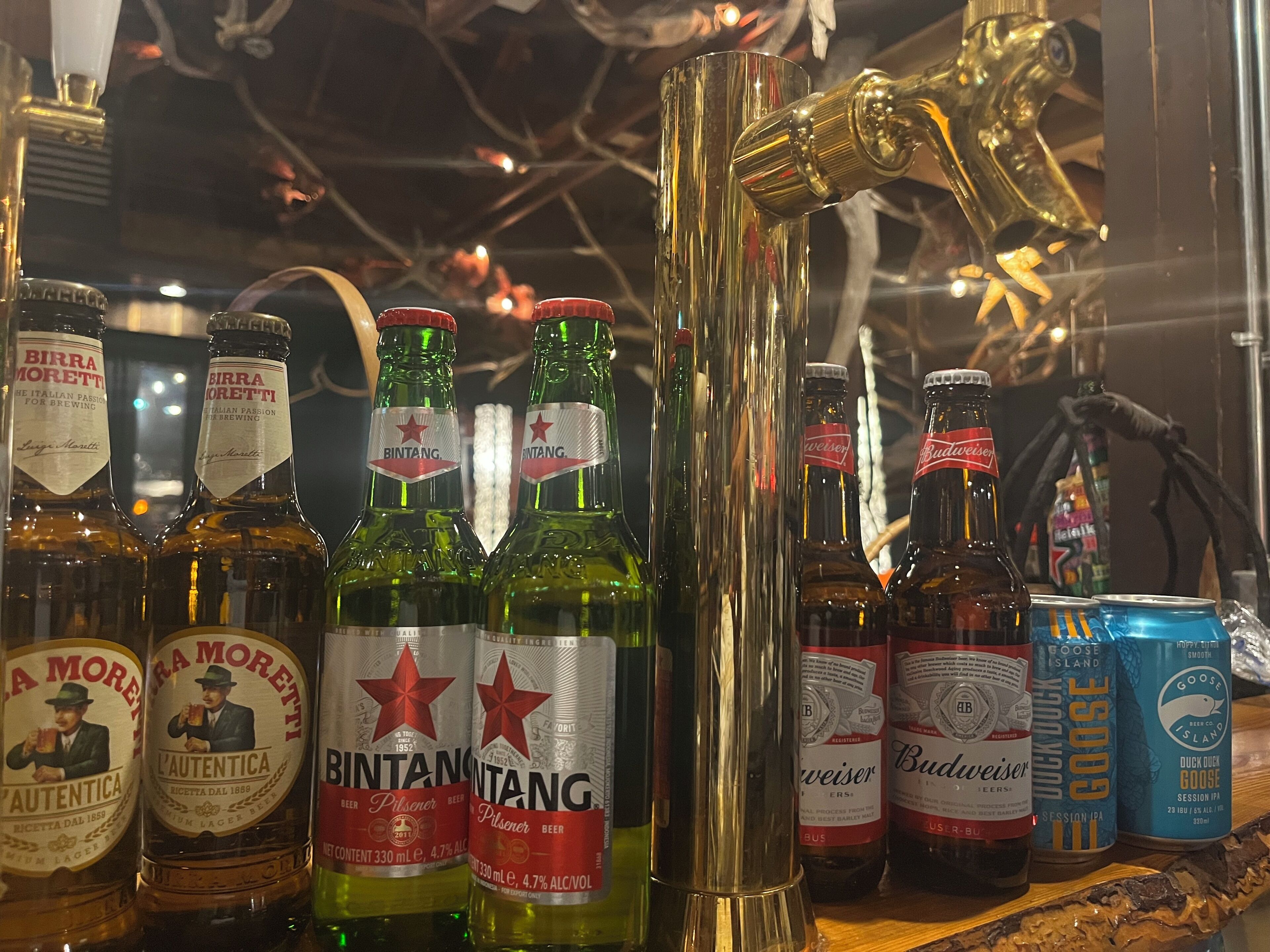 Diversas garrafas e latas de cerveja em uma prateleira, incluindo marcas como Bintang, Birra Moretti e Goose Island.