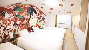 A hotel room with a traditional Japanese mural on the wall, a bed with white linens, and a window with a view of the outside. - KARAHORI NODOKA (Osaka)