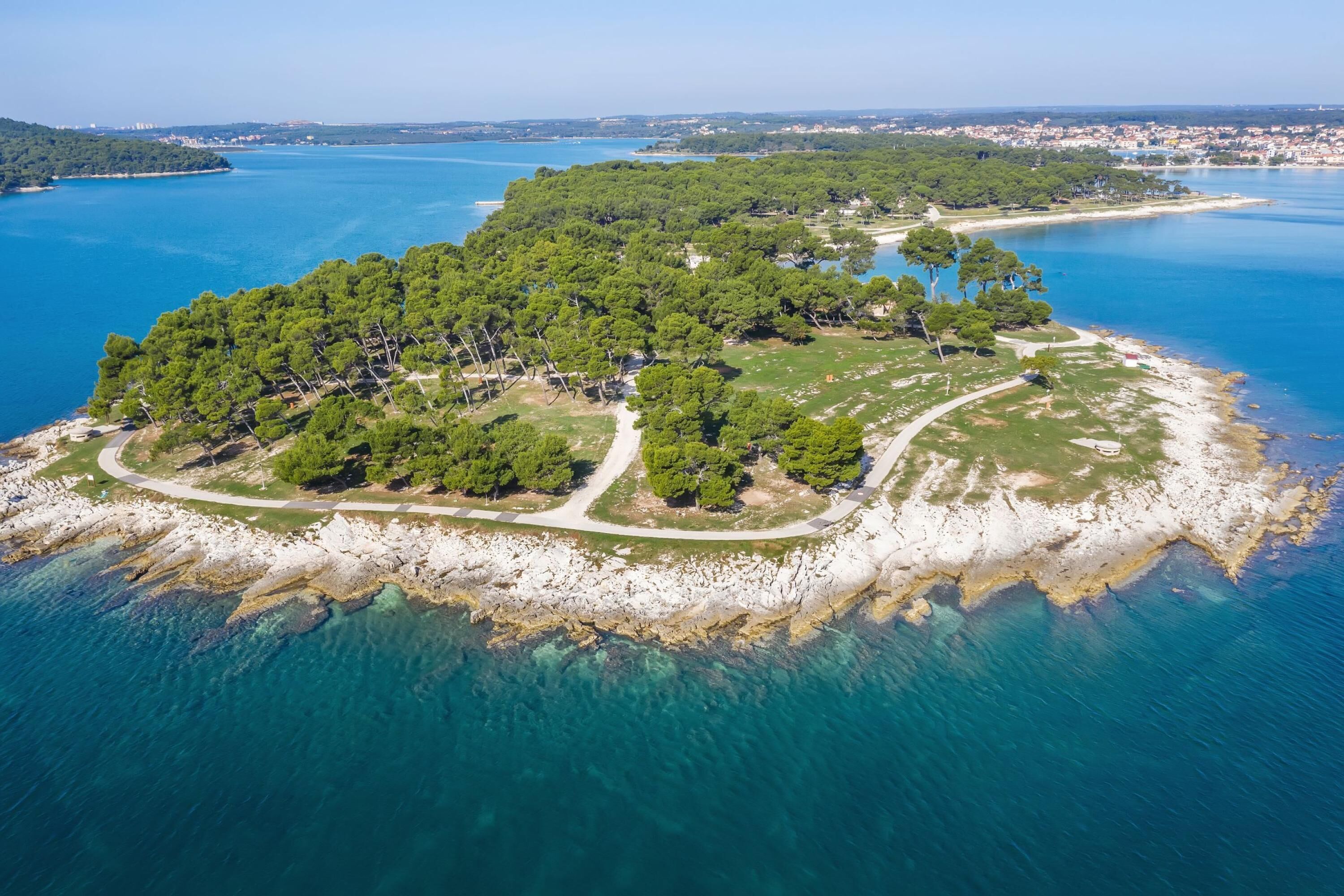Vista aérea de una isla costera con abundante vegetación, aguas azules cristalinas y una playa de arena.