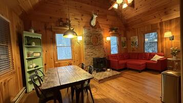 Smart TV, fireplace, books