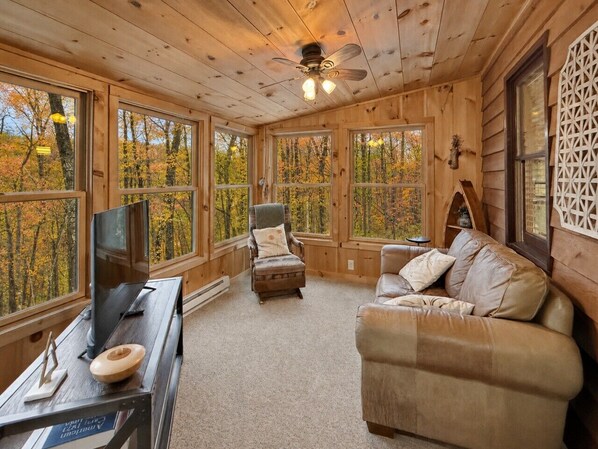 A cabin interior with a television, leather sofa, and a chair facing a large window with a view of trees.