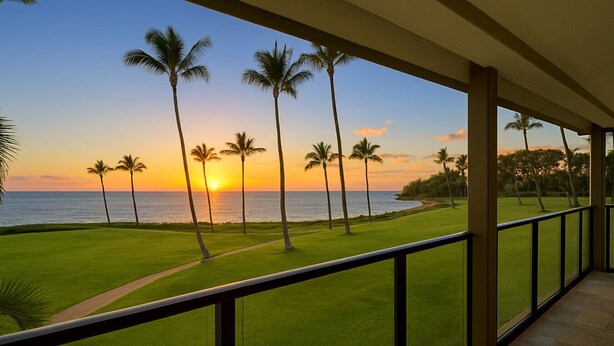 Une vue depuis un balcon donnant sur un terrain de golf, avec le soleil couchant sur l’océan.