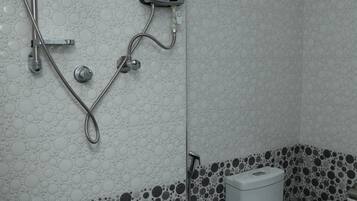 Shower, hair dryer, bidet, towels