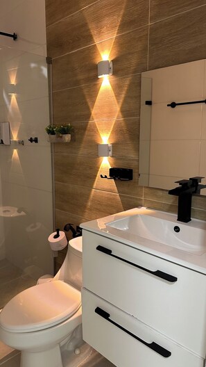 Regadera, toallas, jabón, papel de baño