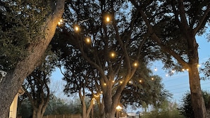 A tree-lined pathway with string lights, a white fence, and a stone wall. - CDNH Villa at Katy Lake (Katy)