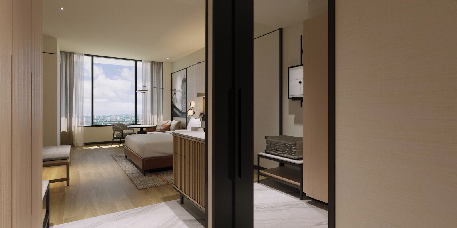 Una habitación de hotel moderna con un ventanal grande, una cama, un escritorio y una silla.