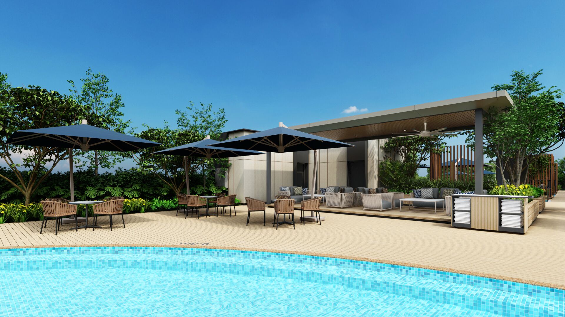 A poolside area with outdoor seating, umbrellas, and a covered seating area.