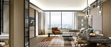 A modern living room with a dining area, large windows, and a city view.