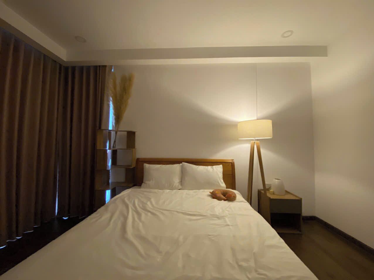 Une chambre d’hôtel avec un lit, une lampe de chevet, une table de chevet et une fenêtre avec des rideaux.