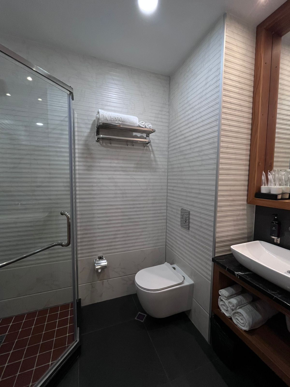 Une petite salle de bain dotée d’une douche en verre, de toilettes blanches et d’un lavabo avec une étagère en bois où sont rangées les serviettes.