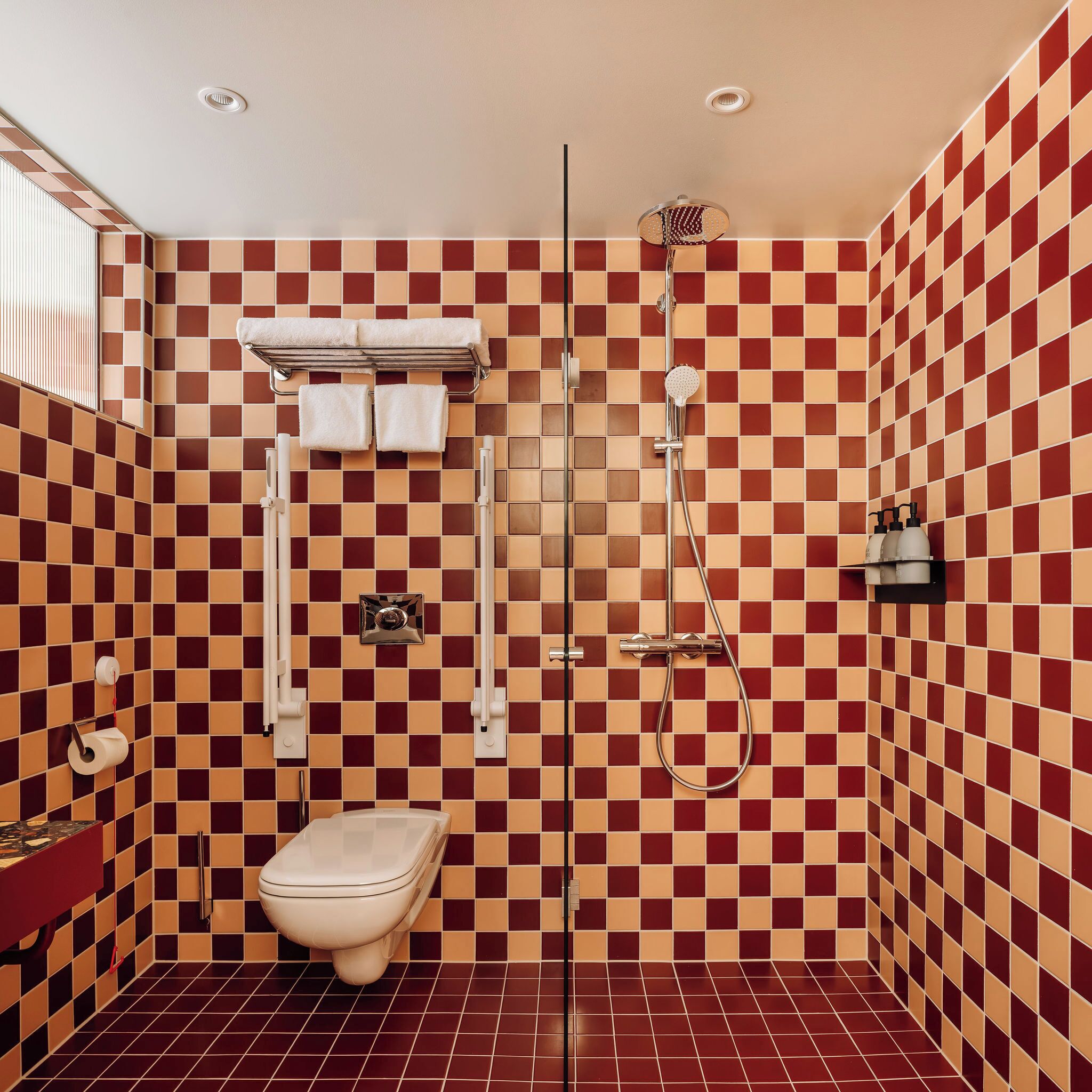 Un bagno con pavimento a scacchi, un water, una doccia e un lavandino.
