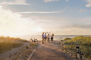 A paved pathway by the sea with bicycles and people.