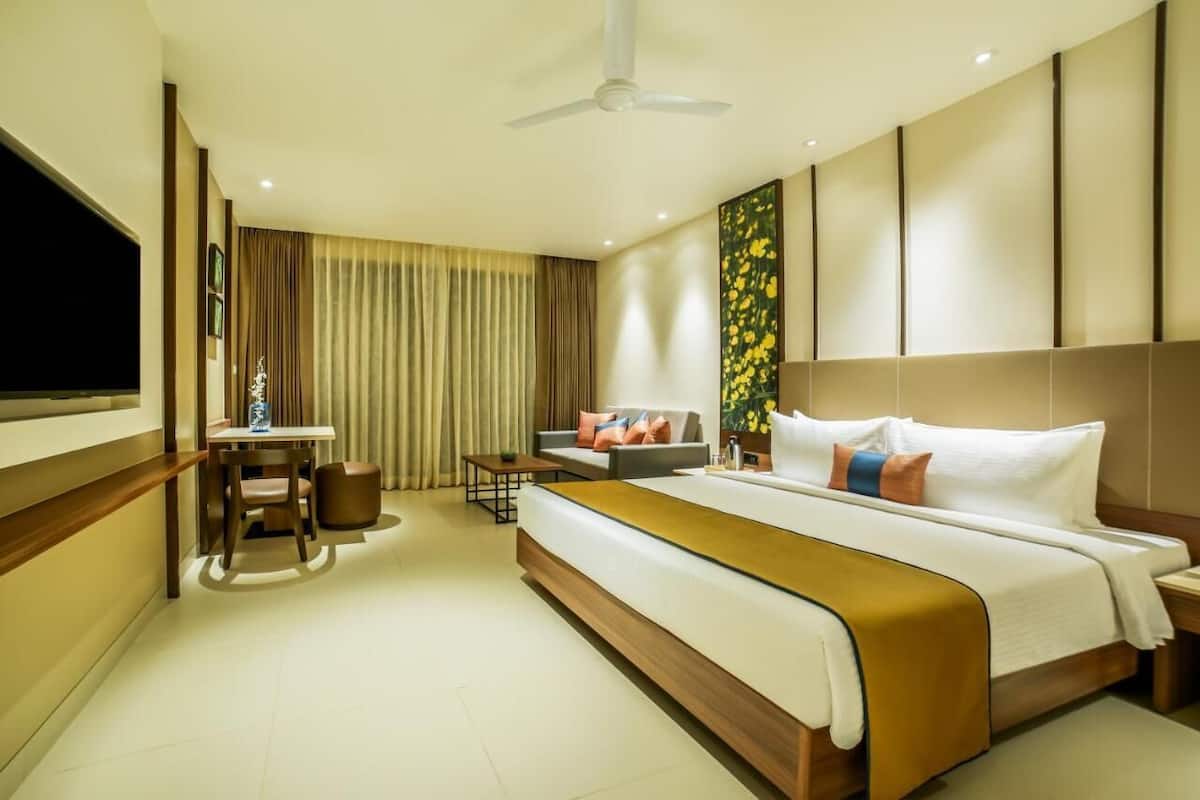 A hotel room with a bed, a desk, a chair, a sofa, a TV, and a ceiling fan.