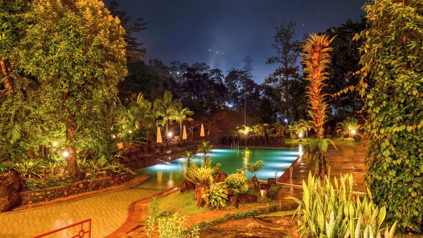 A nighttime view of a pool area surrounded by lush greenery and trees. - Club Mahindra Le Vintuna (Gangtok)