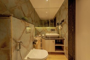 Hair dryer, bidet, towels, soap