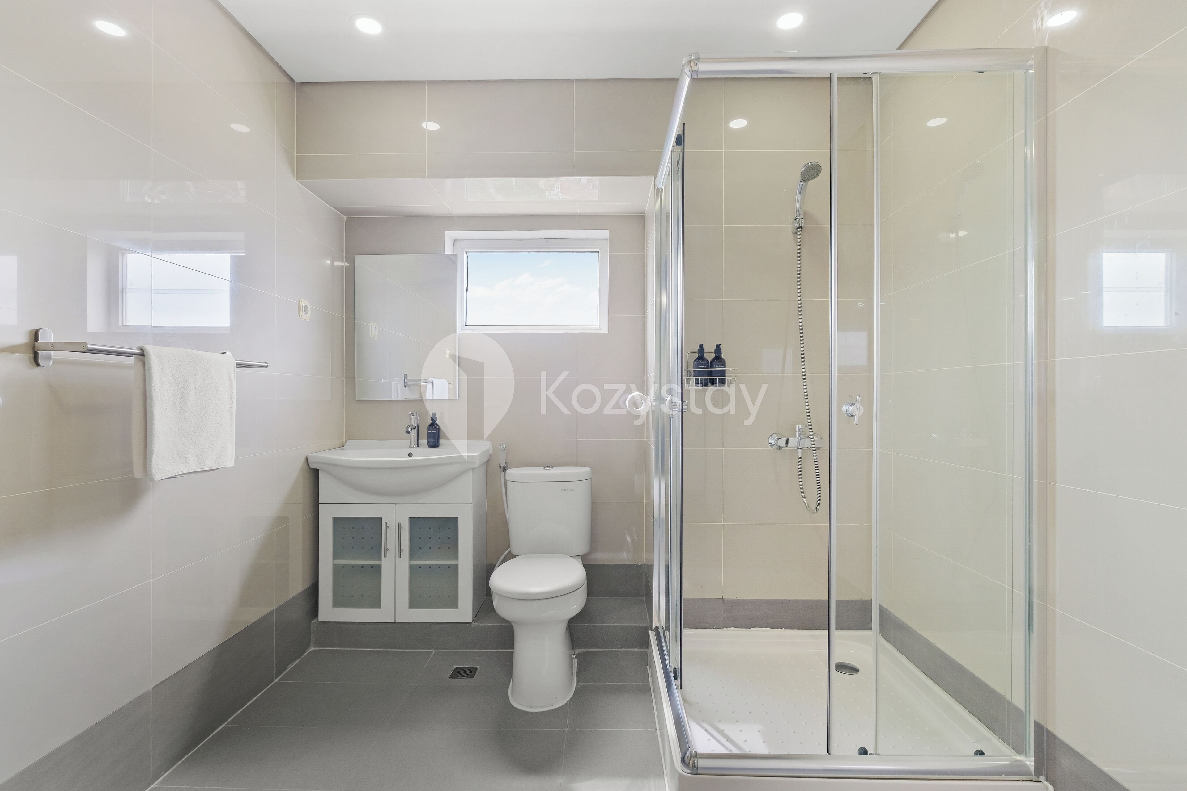 A modern bathroom with a glass-enclosed shower, a sink, and a toilet.