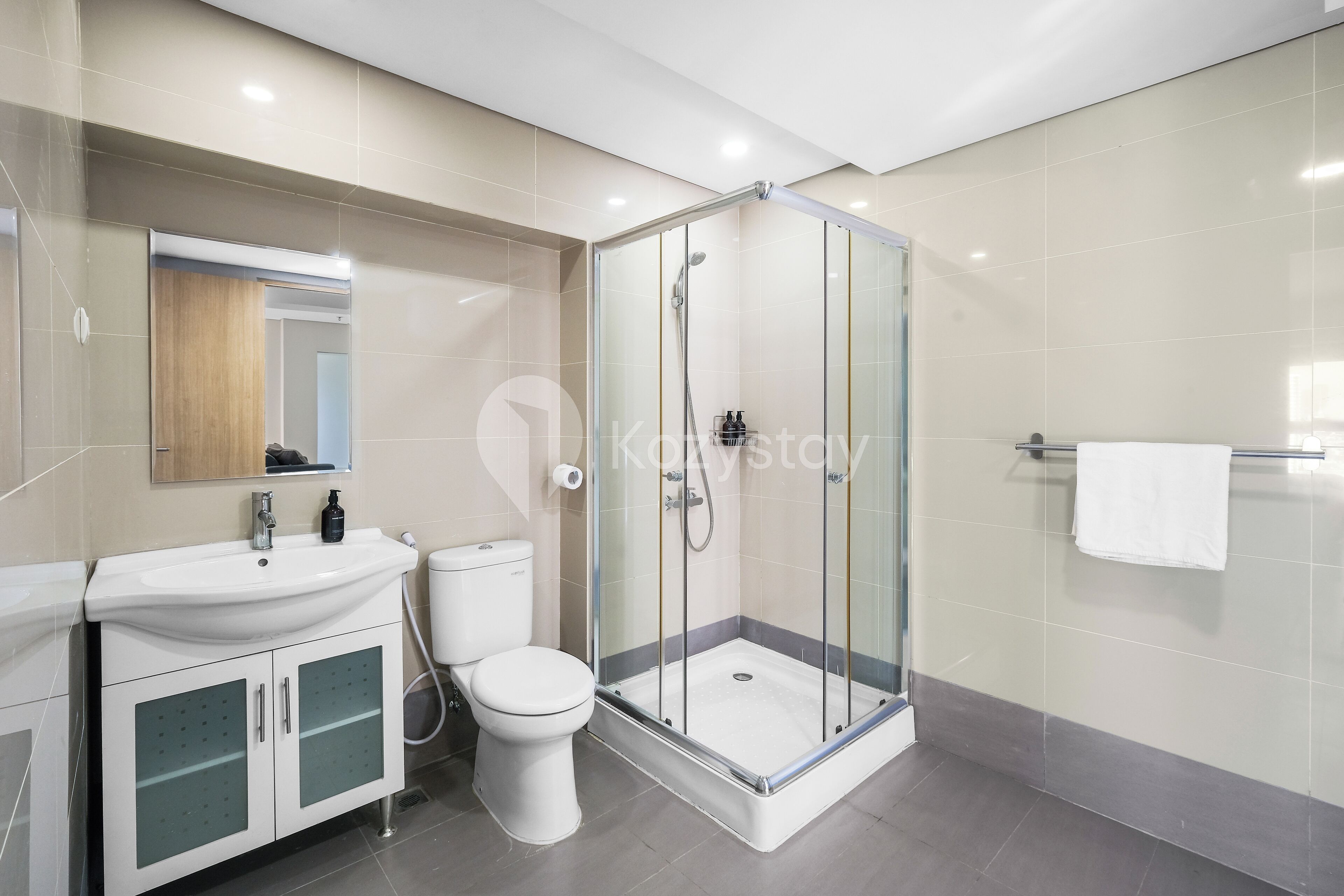 Un baño moderno con ducha de vidrio, un lavabo blanco y un inodoro.