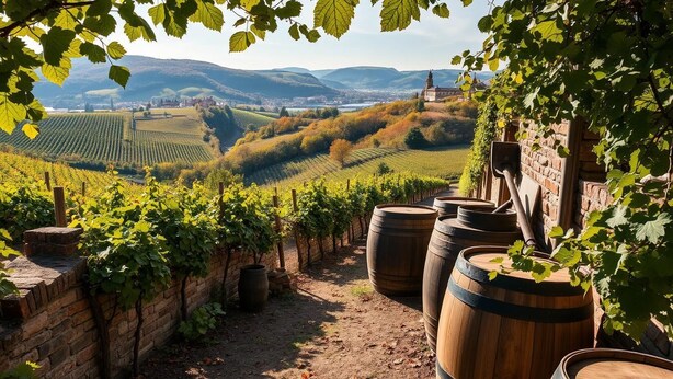 A vineyard with rows of grapevines and wooden barrels, a brick wall, and a distant view of a town and hills. - Mosel-Herz Trier vacation home! Directly on the Moselle, 10 min to the city center  (Trier)