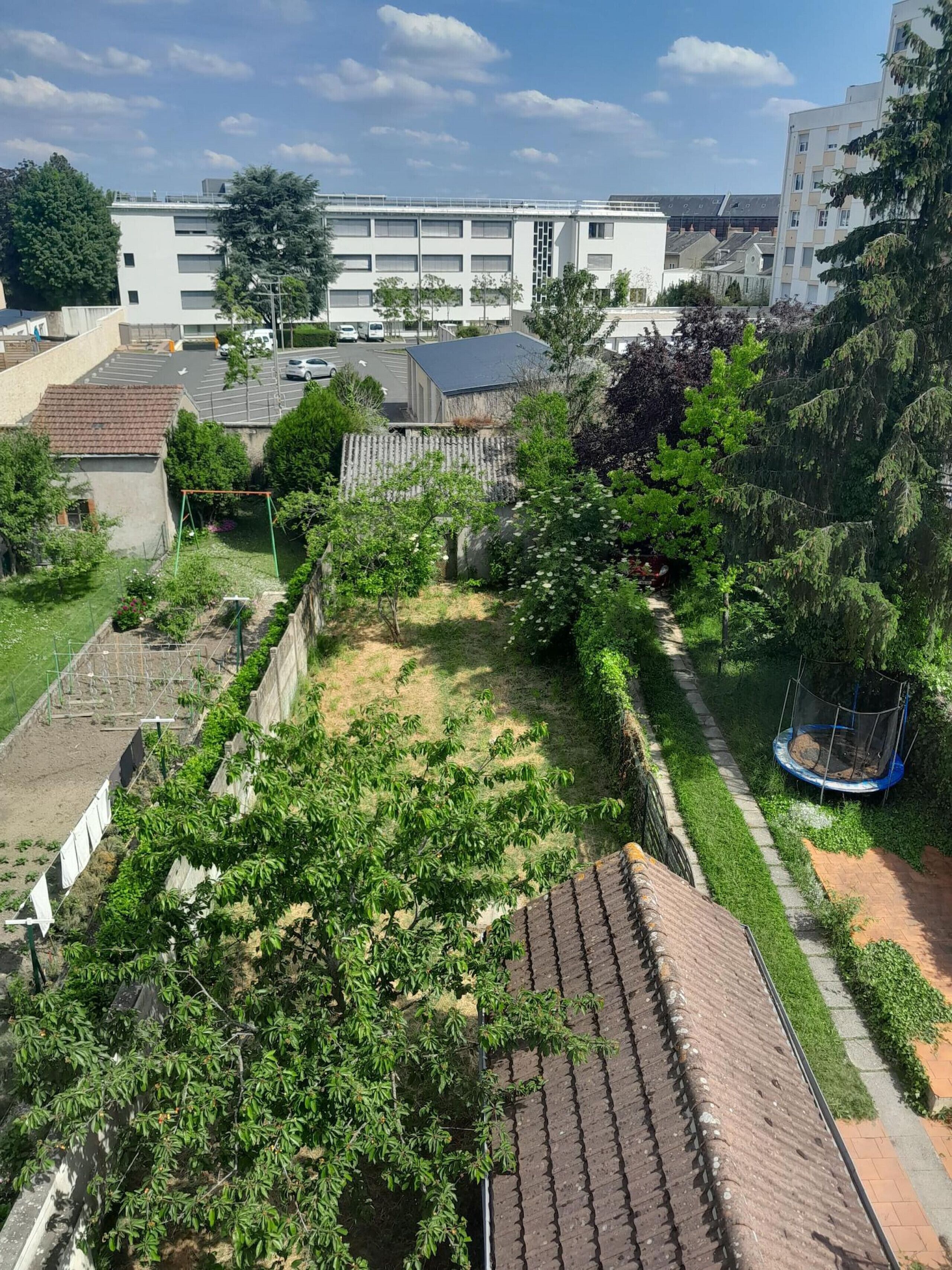 A residential area with a garden, a trampoline, and a building with multiple windows in the background.